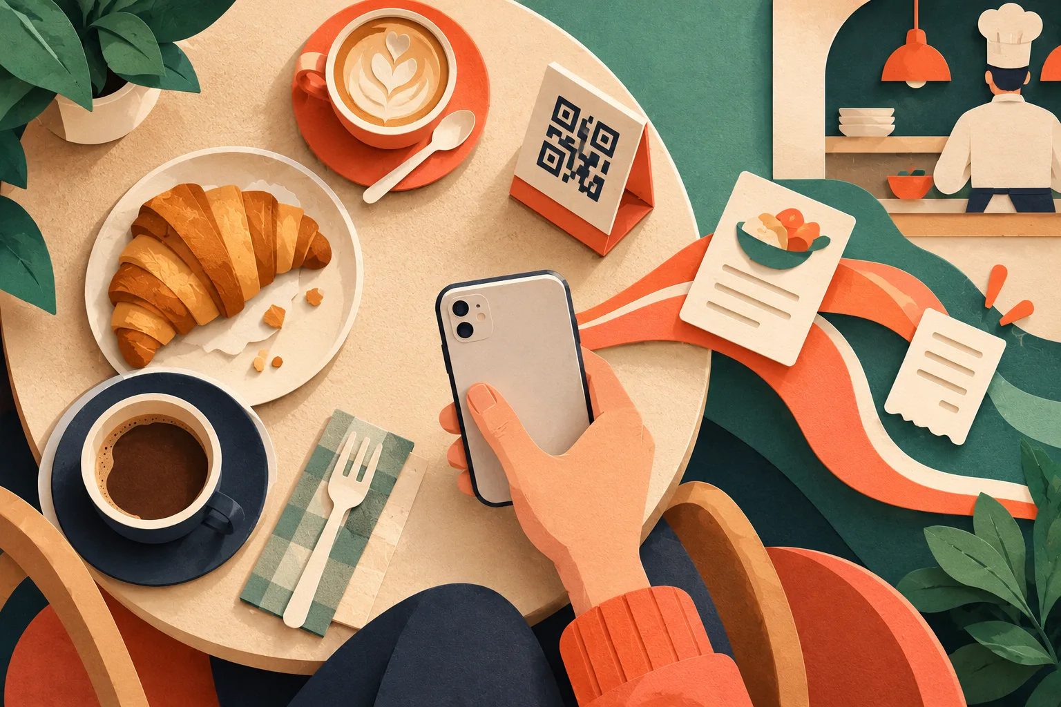 QR kod ile sipariş: kafe masasında QR menü standı ve telefondan verilen siparişin mutfağa gitmesi