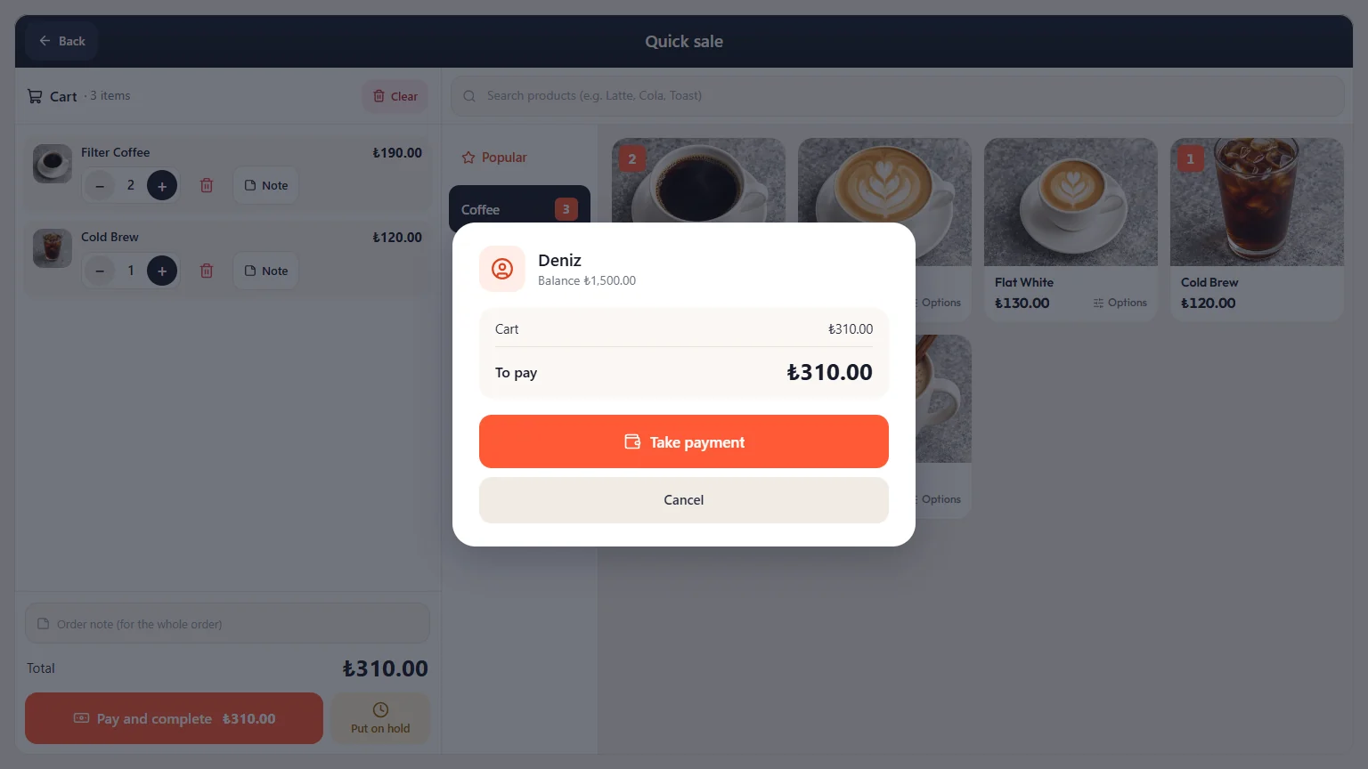 Paiement par wallet sur la caisse : nom du client, solde et montant à payer