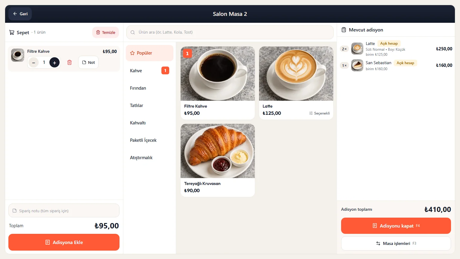Commande QR dans l’addition de la table sur sipnik Kasa : l’addition ouverte de Salle Table 2 à côté du menu