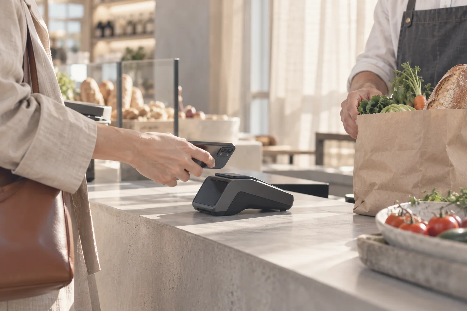 Un client approche son téléphone du lecteur QR à la caisse et paie avec le portefeuille numérique