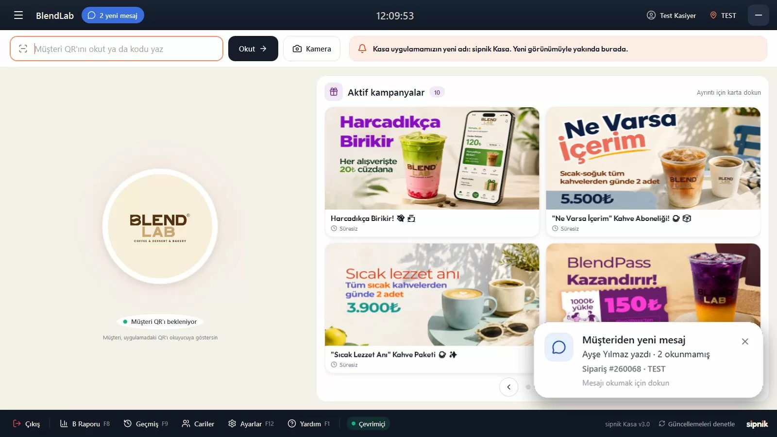 Üst çubukta 2 yeni mesaj rozeti ve sağ altta Müşteriden yeni mesaj bildirimi
