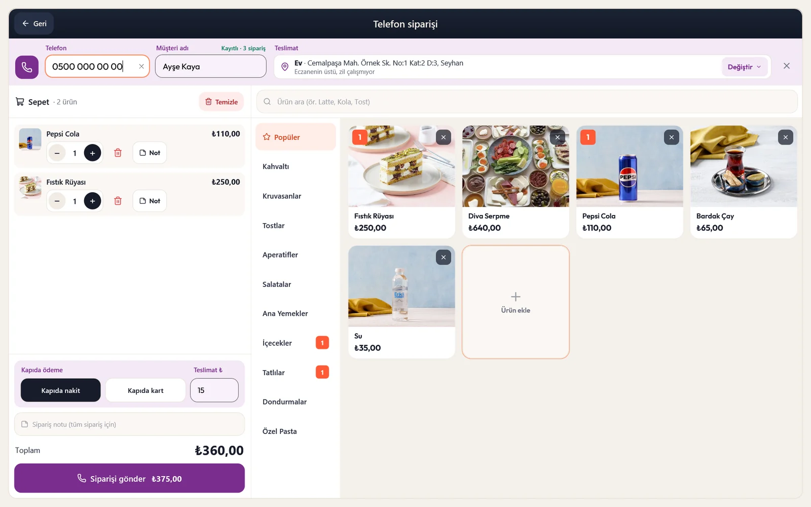 Telefon siparişi ekranı: arayan numara, kayıtlı müşteri adı ve sipariş sayısı, teslimat adresi, sepet, kapıda ödeme seçimi ve Siparişi gönder düğmesi