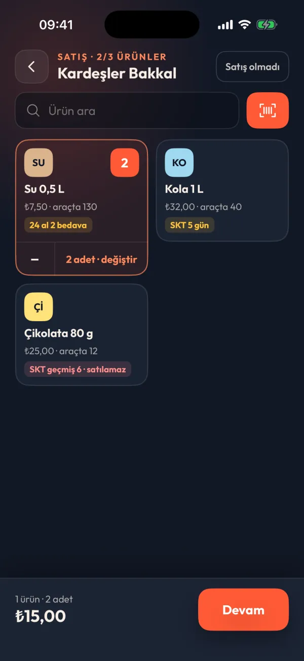 Product selection screen: quantity badges on selected products, a 'Buy 24 get 2 free' campaign tag, an 'Expires in 5 days' badge and a 'not for sale' warning on an expired product