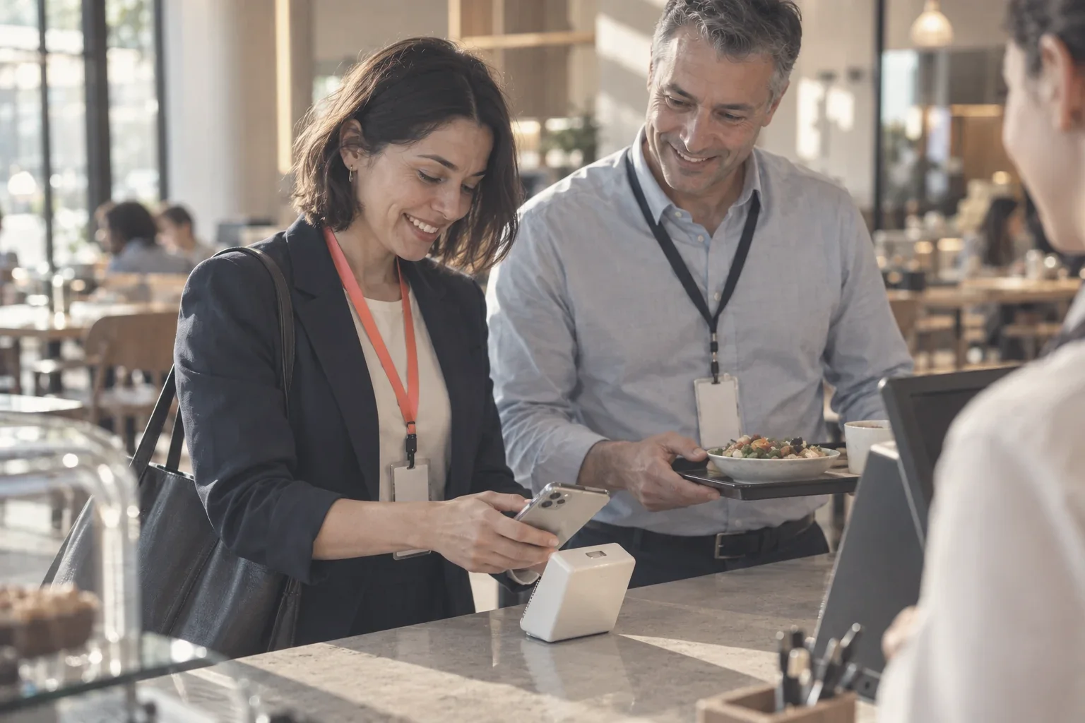 Deux employés d’un bureau voisin scannant leur QR au déjeuner pour obtenir la remise de leur entreprise