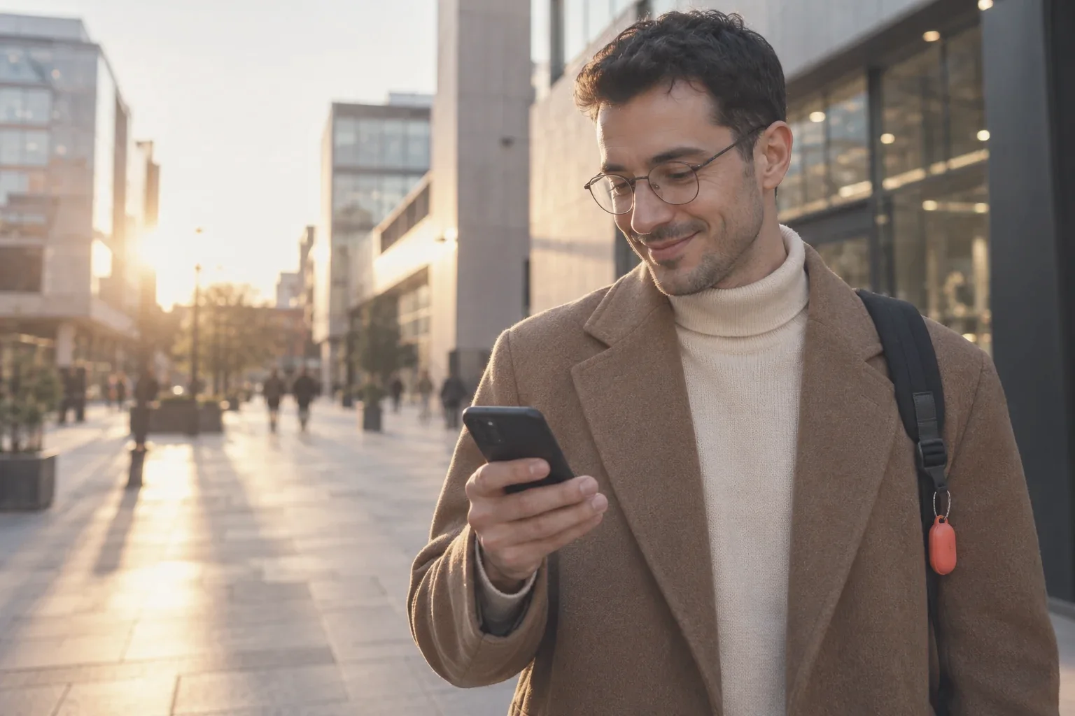 Une cliente qui sourit en marchant devant une notification de l’application de la marque