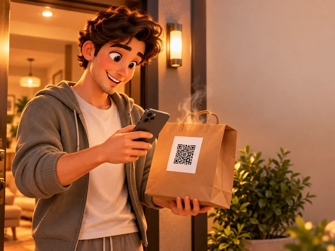 Yemek platformu entegrasyonu: müşteri kapıda paket siparişini alıp paketteki QR kartını telefonuyla okutuyor