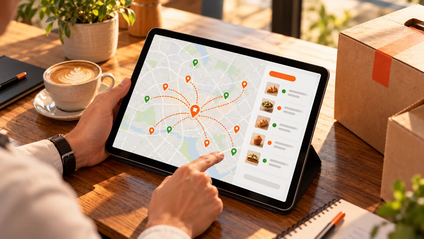 Delivery zone map on a tablet: routes from the store to neighbourhoods
