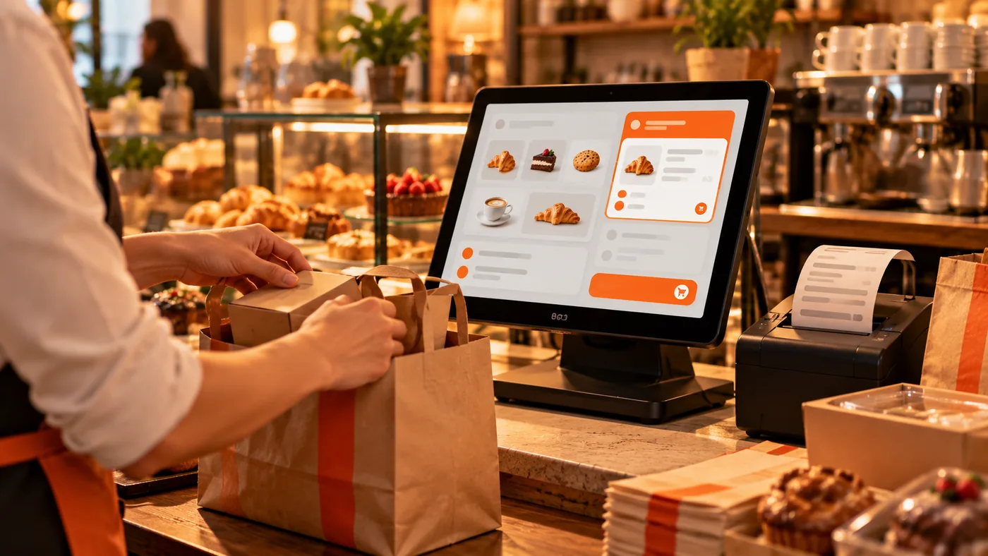 An online order arriving on the sipnik Kasa screen at a bakery-café counter, with the receipt printing