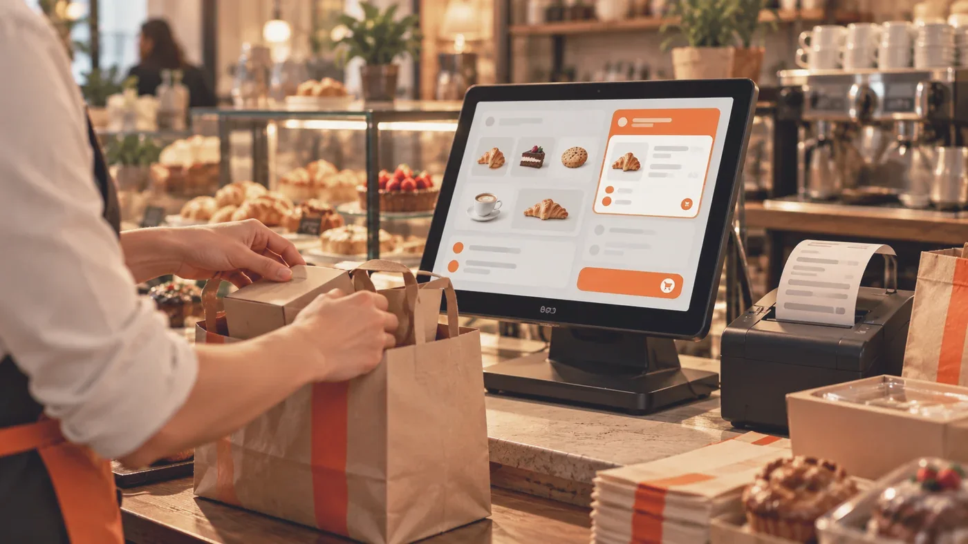 Une commande de la boutique en ligne arrive sur la caisse sipnik Kasa au comptoir d’une boulangerie-café, le ticket s’imprime