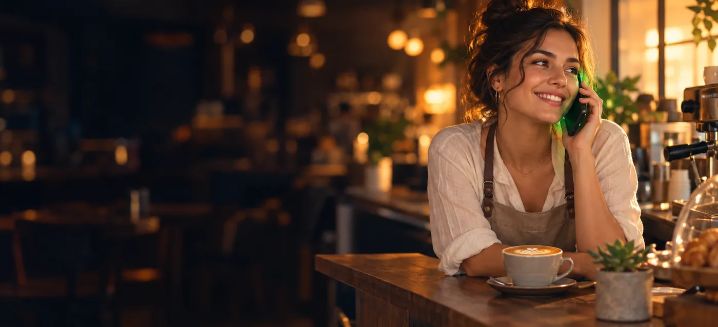 Café owner at the counter talking to a customer on the phone