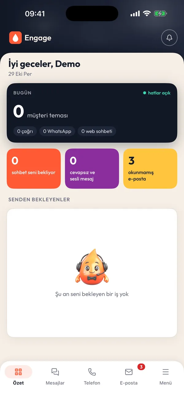 Vue du jour dans l’appli sipnik Engage : conversations en attente, appels manqués, e-mails non lus