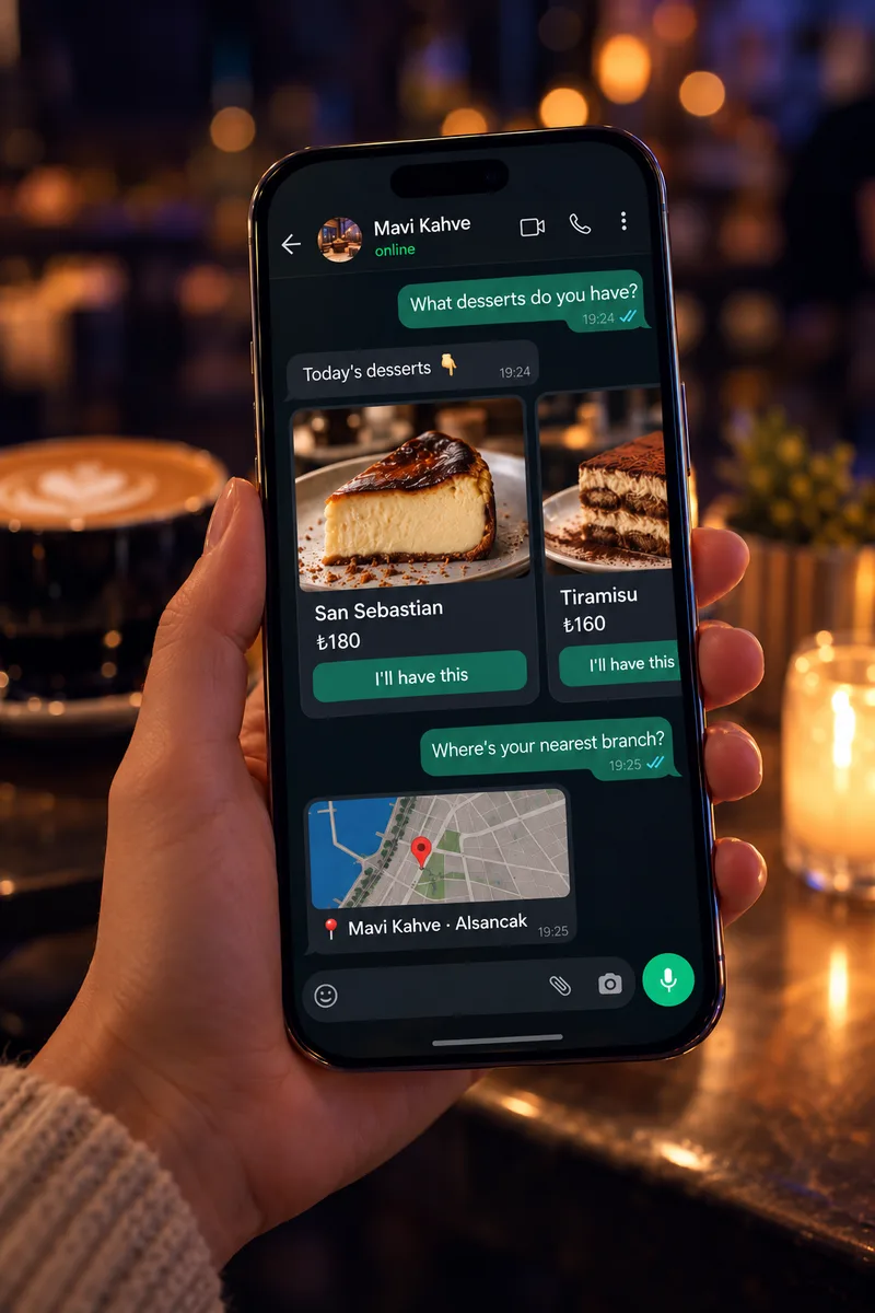 Mavi Kahve's WhatsApp assistant: product cards with photos and prices for a customer asking about desserts, then the nearest branch location