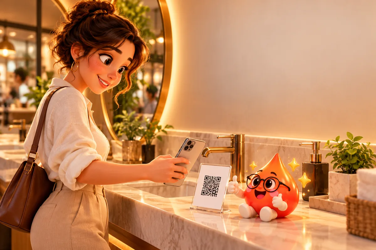A customer scanning the QR card on the café washroom counter with her phone
