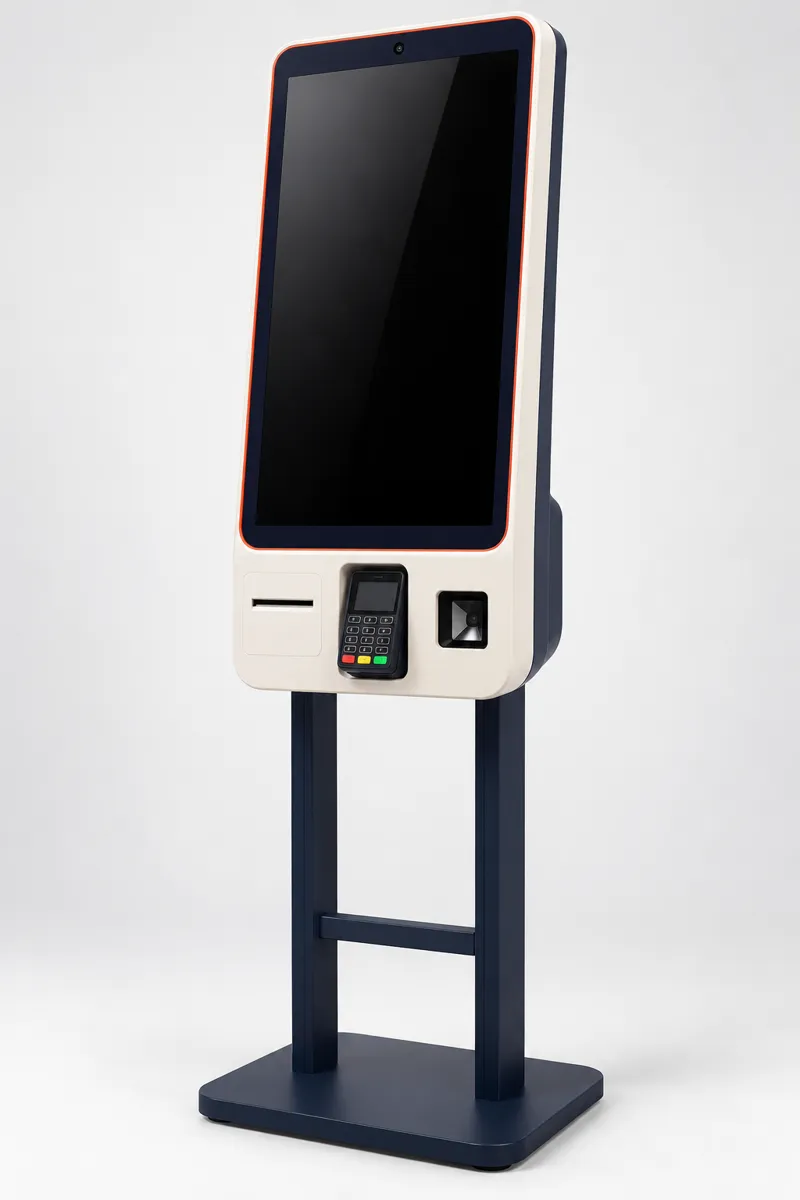 Cream and navy self-service kiosk with a portrait touchscreen, receipt printer, card terminal and QR reader