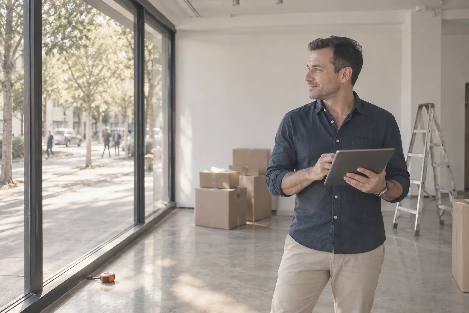 Le fondateur d’une marque, dans un local vide destiné à son prochain établissement, consulte les données du quartier sur une tablette en regardant la rue