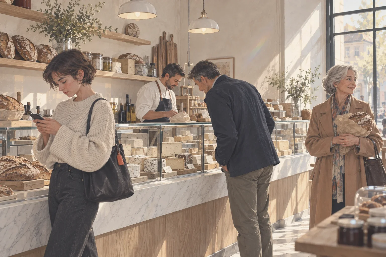 Des clients de trois générations font leurs courses en même temps dans une épicerie fine