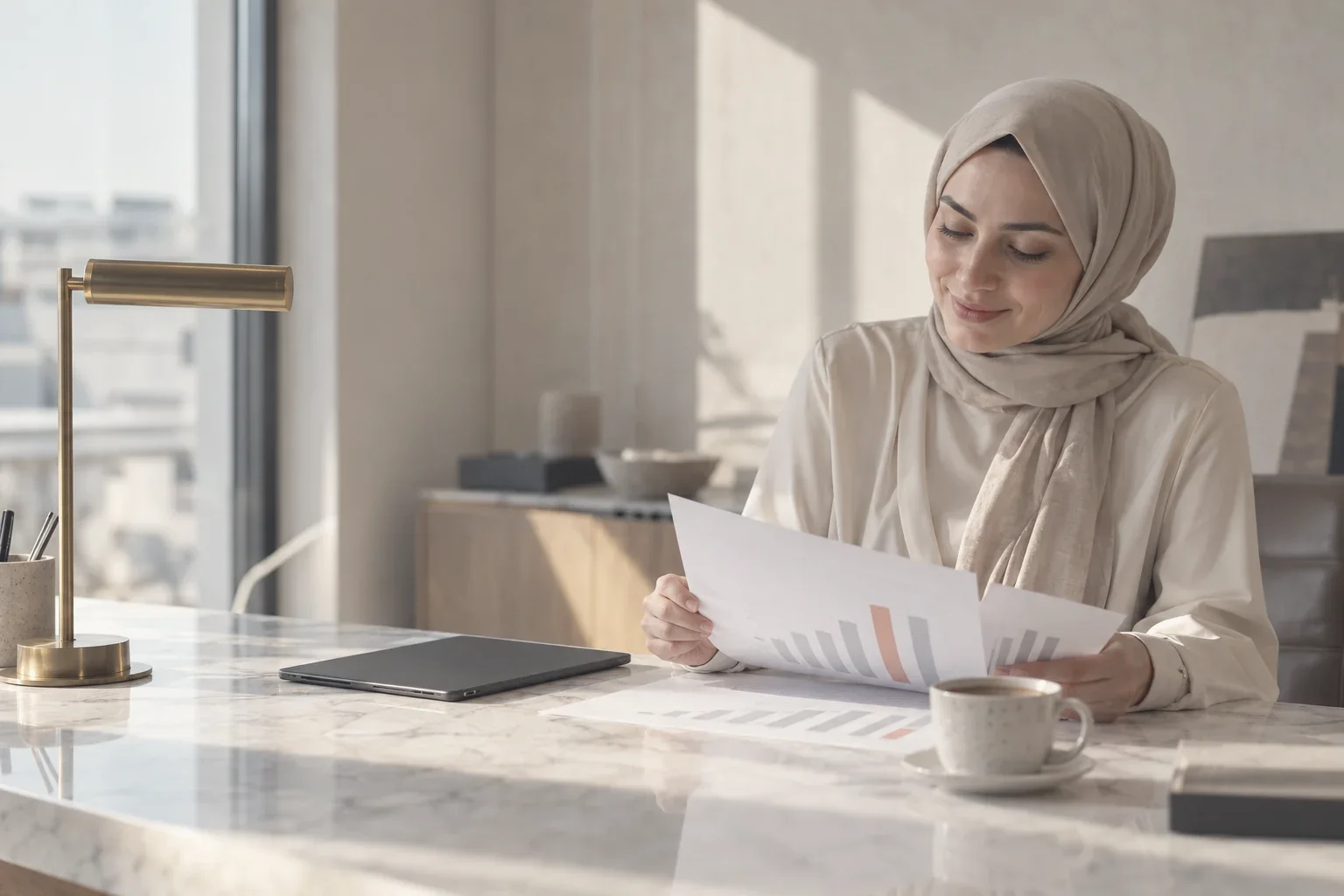 Une commerçante qui examine un rapport de ventes imprimé dans son bureau
