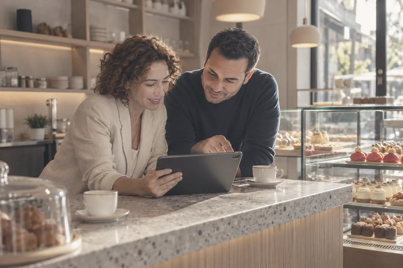 Des pâtissiers consultant les temps forts du rapport sur une tablette avant l’ouverture