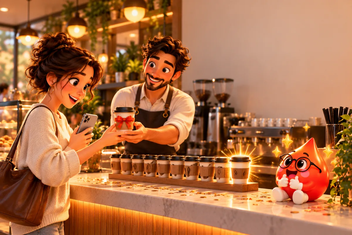 Kafede sadakat kartı dolan müşteriye barista hediye kahvesini veriyor