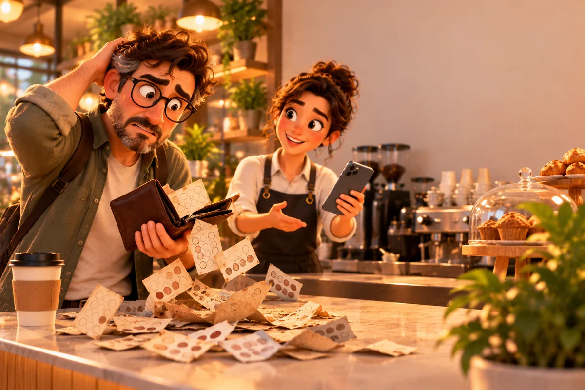 Cüzdanından buruşuk kâğıt damga kartları dökülen müşteri, barista dijital kartı gösteriyor