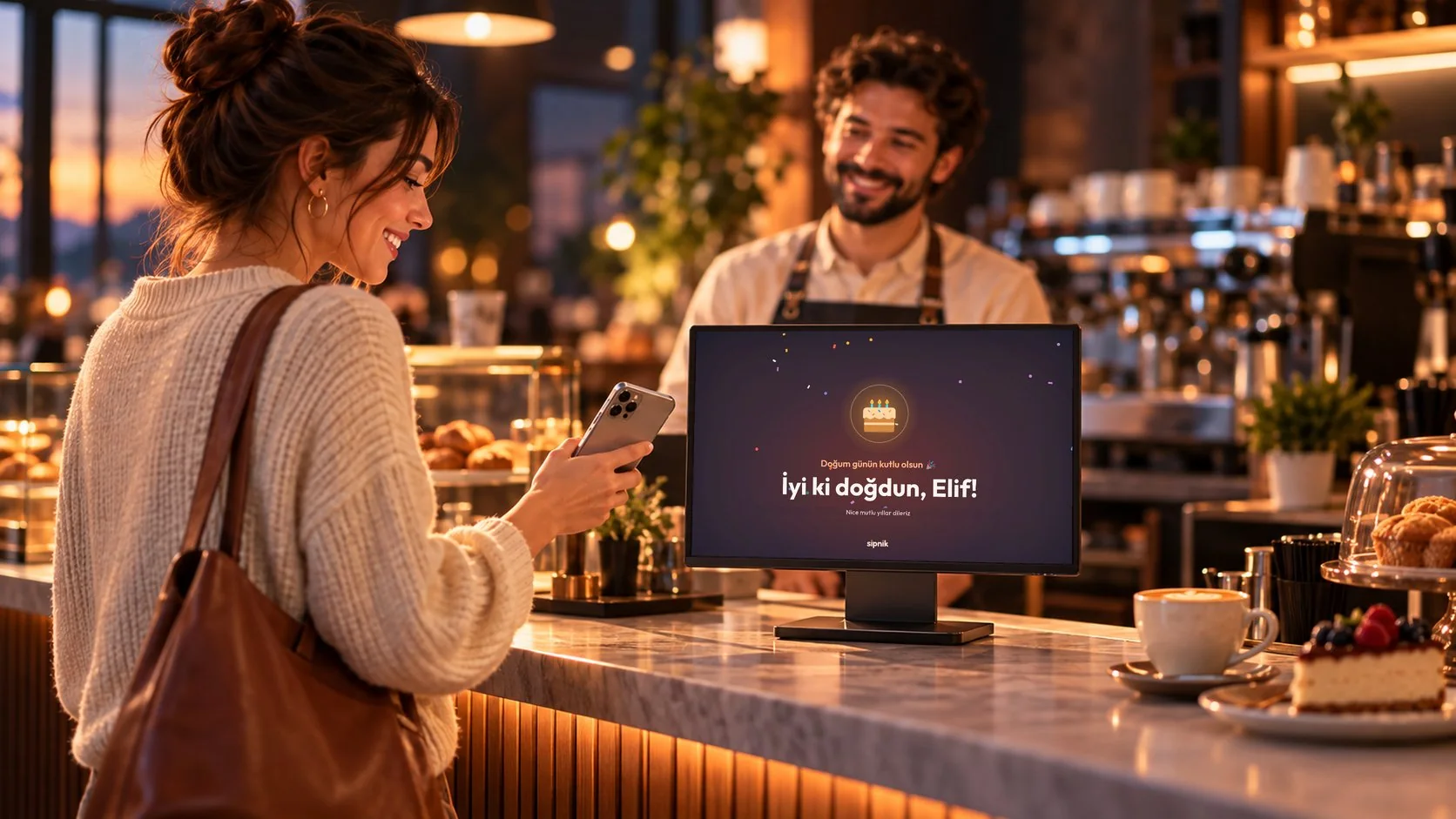 Kafe tezgâhında telefonundaki QR'ı okutan müşteri; sipnik Kasa'nın müşteri ekranında 'İyi ki doğdun, Elif!' doğum günü kutlaması, arkada gülümseyen barista