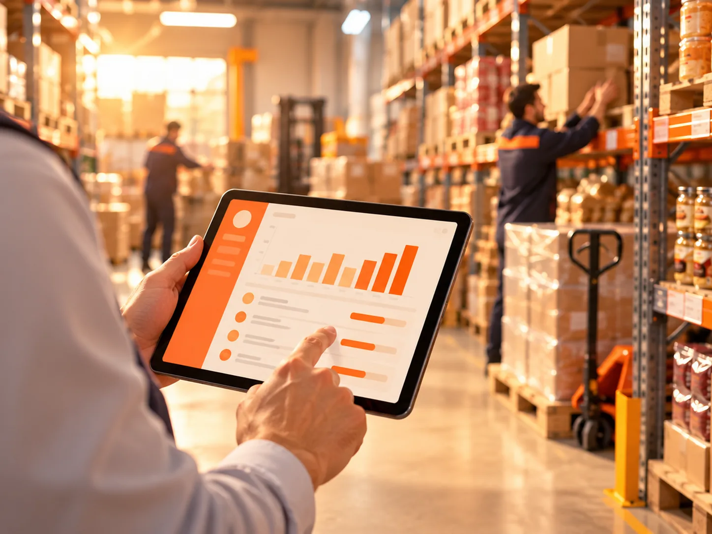 Stock panel on a tablet in a supermarket warehouse