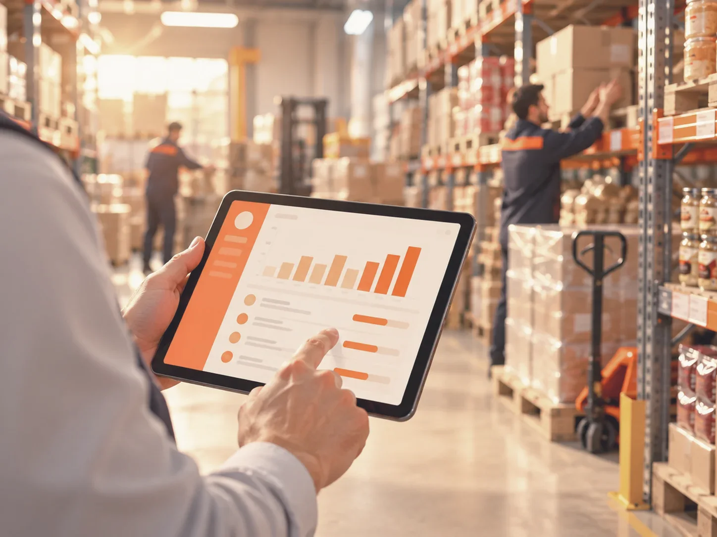 Gestion de stock et d’entrepôt en supermarché : tableau de stock et graphiques de ventes sur une tablette dans l’entrepôt
