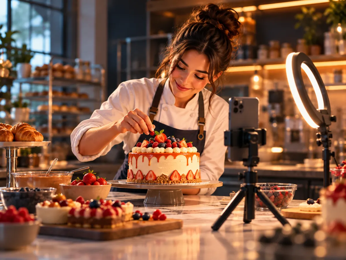 Filming a vertical video in a patisserie